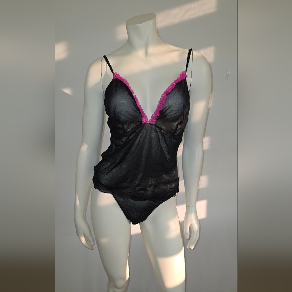Ann Summers Elegant Black Mesh Chemise with Panties With Pink Lace Accents L